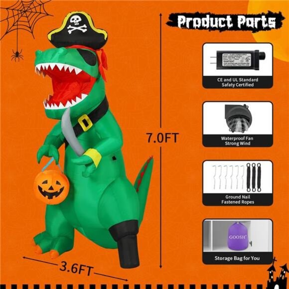 GOOSH 7 FT Halloween Inflatables Dinosaur Outdoor  7 FT Halloween Inflatables Dinosaur Outdoor Decor Blow Up Yard Pirate Dinosaur